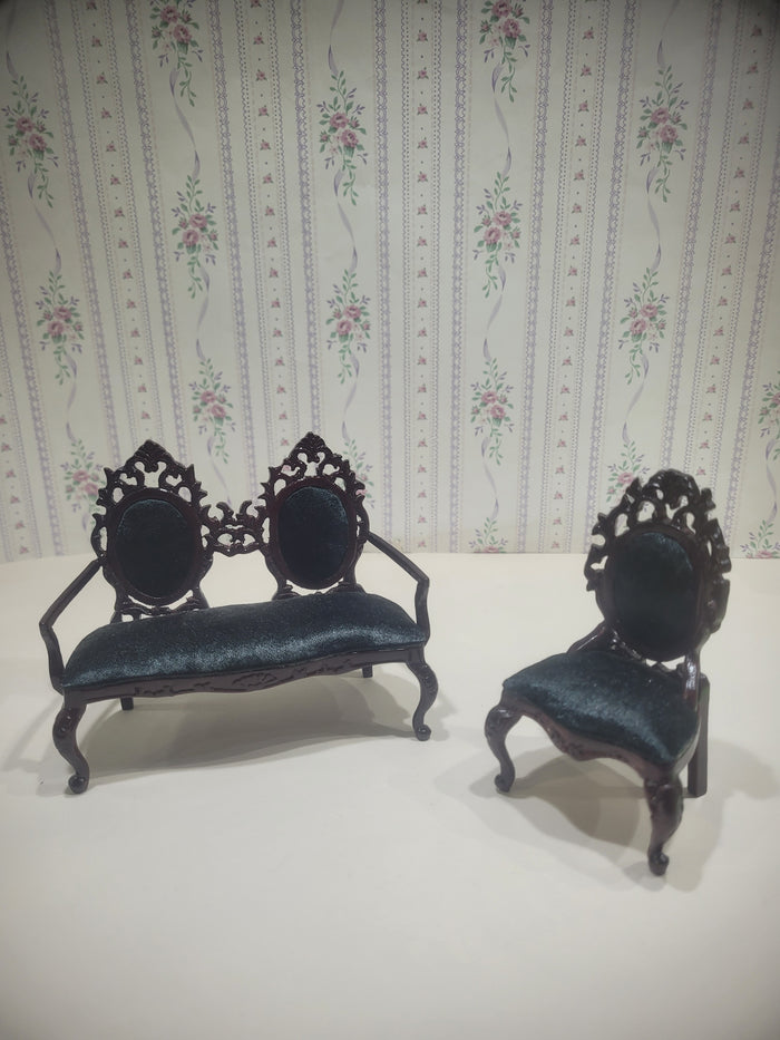 2pc Set Bench and Side Chair Black Velvet and Mahogany