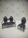2pc Set Bench and Side Chair Black Velvet and Mahogany