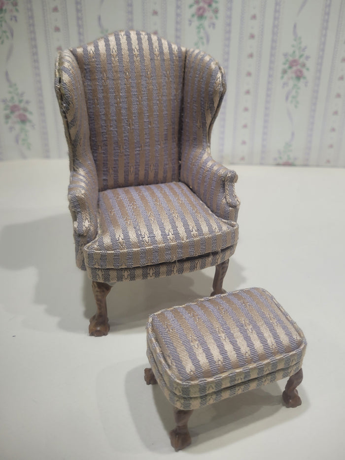 2pc Striped Light Pink & Purple Arm Chair and Foot Stool