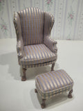 2pc Striped Light Pink & Purple Arm Chair and Foot Stool