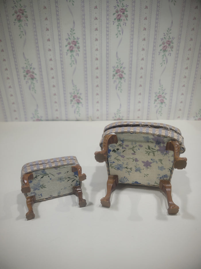 2pc Striped Light Pink & Purple Arm Chair and Foot Stool