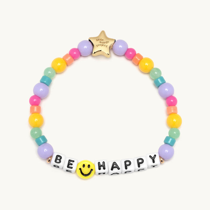 Colorful beaded bracelet with 'BE HAPPY' word on a white background