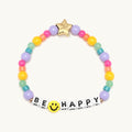 Colorful beaded bracelet with 'BE HAPPY' word on a white background