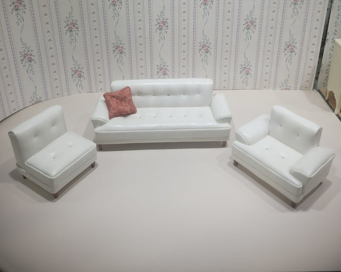 Bespaq 3 Piece White Leather Sofa Set with Two Chairs Couch Living Room Pre Owned Art Deco Modern