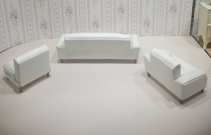 Bespaq 3 Piece White Leather Sofa Set with Two Chairs Couch Living Room Pre Owned Art Deco Modern