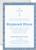 Blue first communion invitation with silver background and cross design