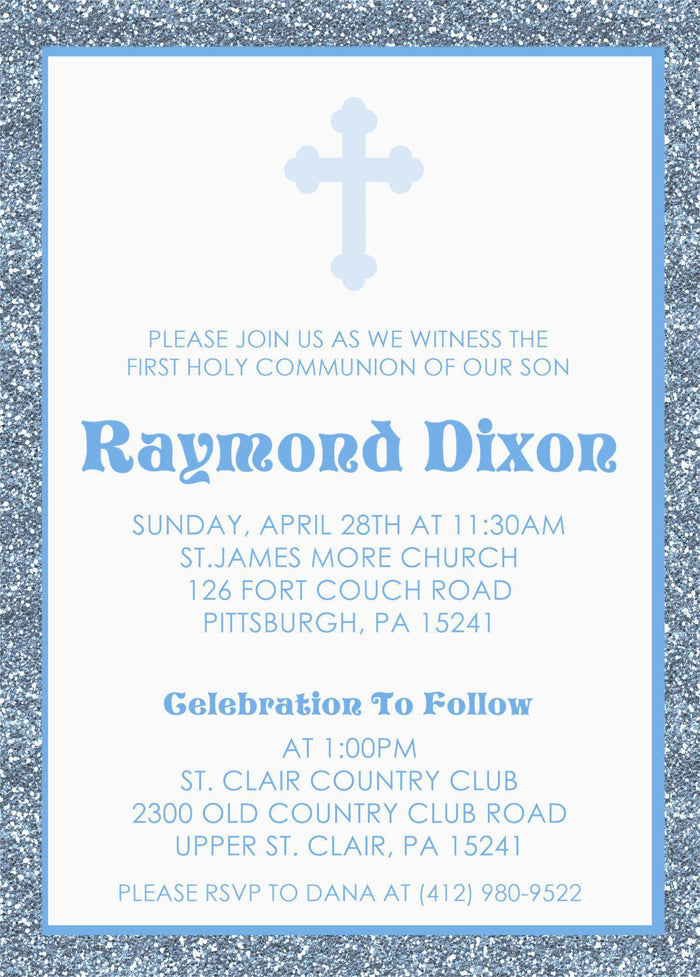 Personalized boy first holy communion invitation with blue typography