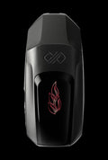 Top-down close-up of the black Boundless Vexil Dry Herb Vaporizer showing its glossy front panel with a red flame-leaf icon and textured matte mouthpiece against a black background.
