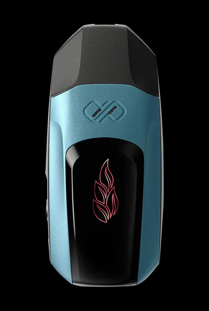 Top-down view of a metallic teal and black Boundless Vexil Dry Herb Vaporizer featuring a glossy black front panel with a red stylized flame icon.