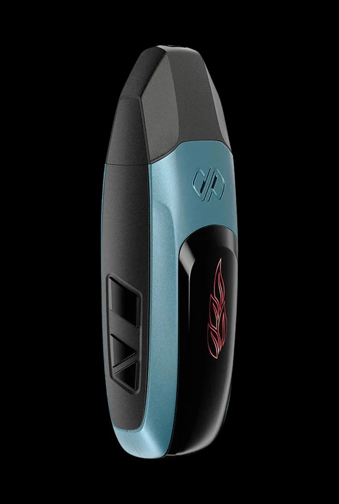 Angled close-up of the teal and black Boundless Vexil Dry Herb Vaporizer against a solid black background.