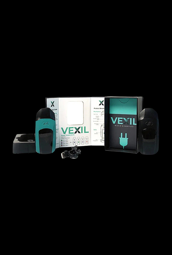Centered front view of the Boundless Vexil Dry Herb Vaporizer kit with two teal-and-black devices flanking open packaging, a dock, and a USB cable on a black background