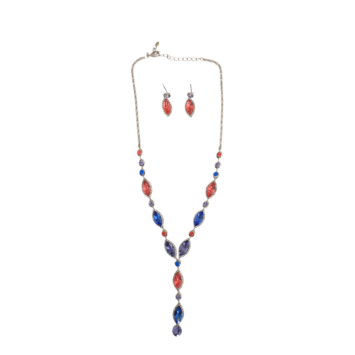 Collar Con Aretes Cristal Checo Rojo/Azul