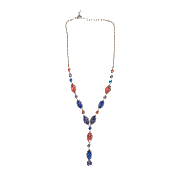 Collar Con Aretes Cristal Checo Rojo/Azul