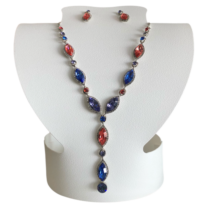 Collar Con Aretes Cristal Checo Rojo/Azul
