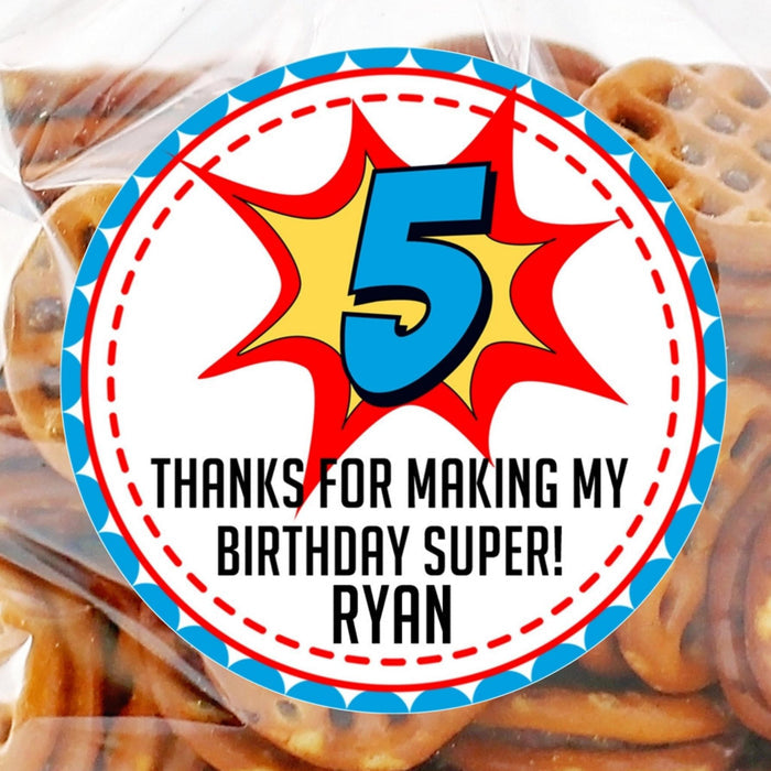 superhero birthday sticker with red and blue comic burst