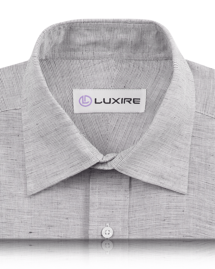 Collar of the custom linen shirt for men in black and white chambray by Luxire Clothing
