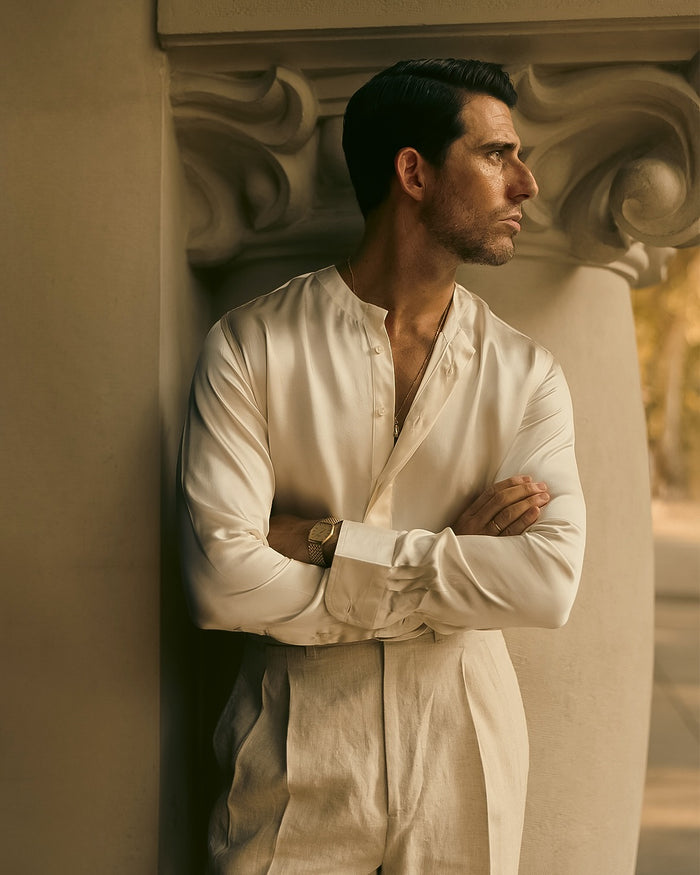 Cream Silk Band Collar Shirt