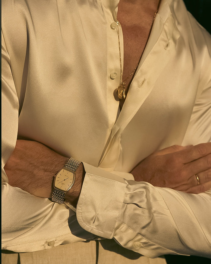 Cream Silk Band Collar Shirt