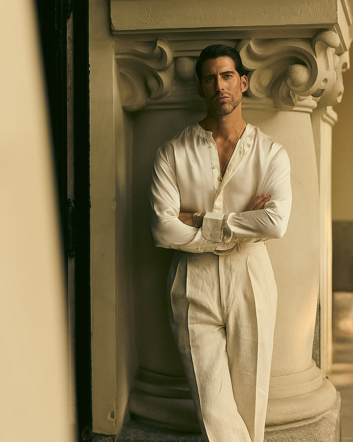 Cream Silk Band Collar Shirt