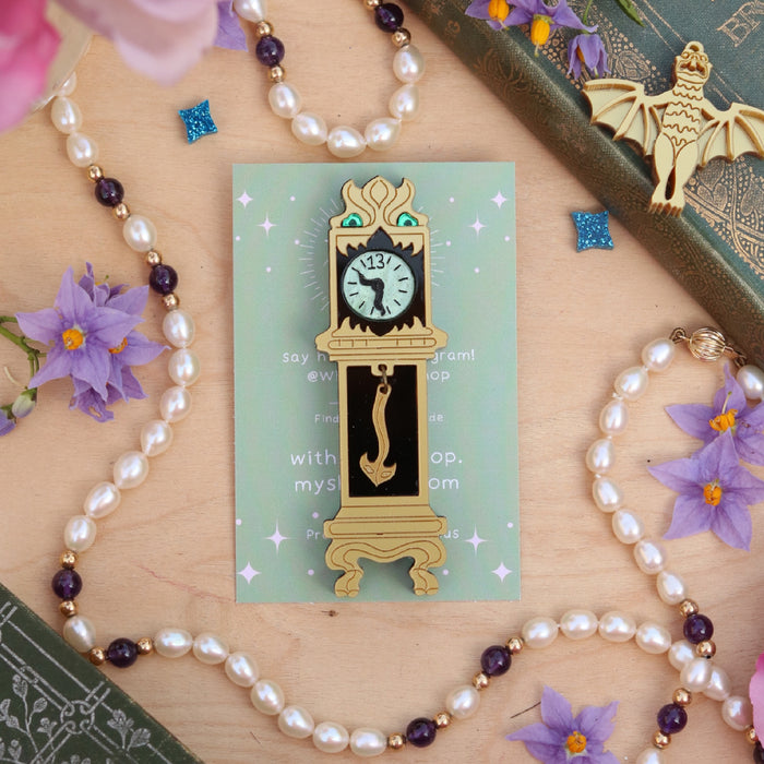 Creepy Clock in Gold Brooch