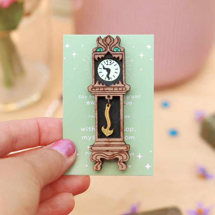 Creepy Clock in Walnut Brooch