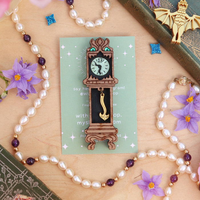 Creepy Clock in Walnut Brooch