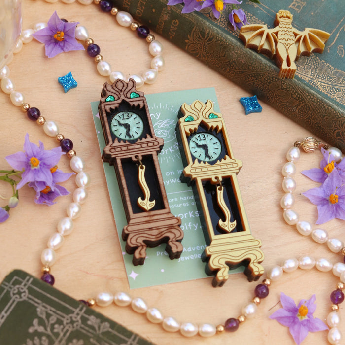 Creepy Clock in Walnut Brooch