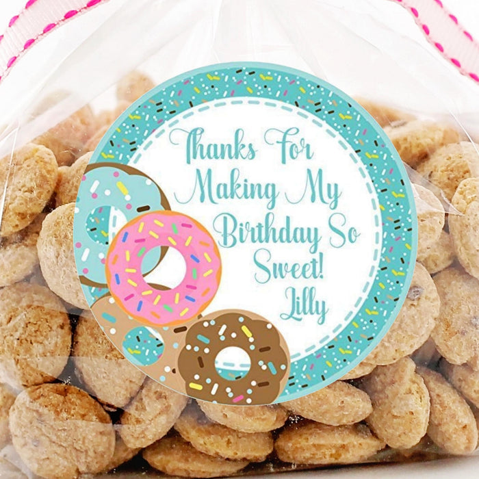 Turquoise donut birthday sticker with sprinkles and personalized name