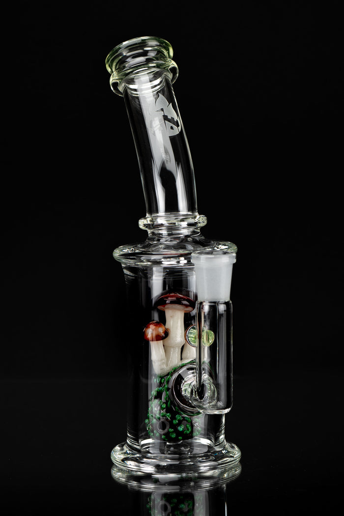Clear glass water pipe (bong) with mushroom-themed percolator, isolated on black.
