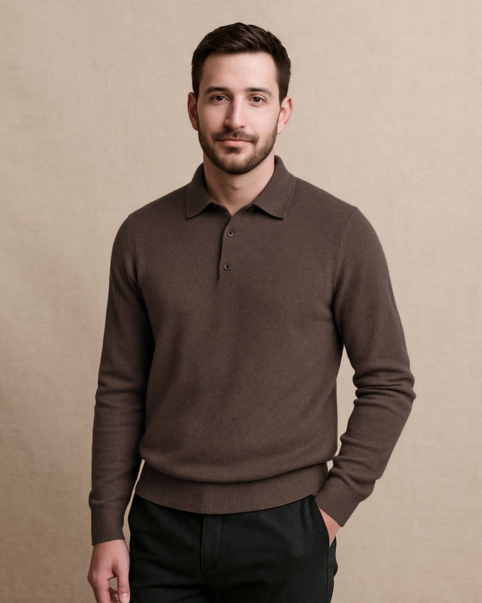 EZS Merino Wool Brown Long Sleeve Polo