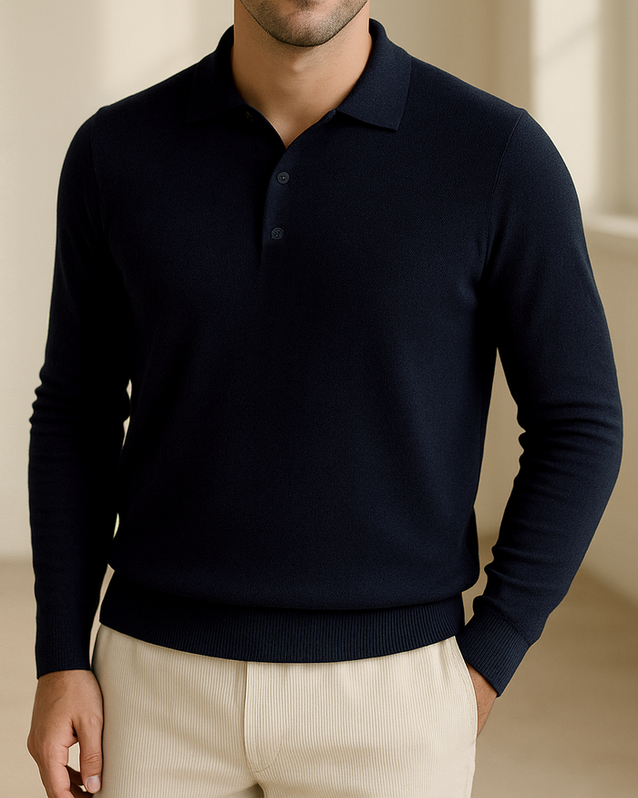 EZS Merino Wool Navy Long Sleeve Polo