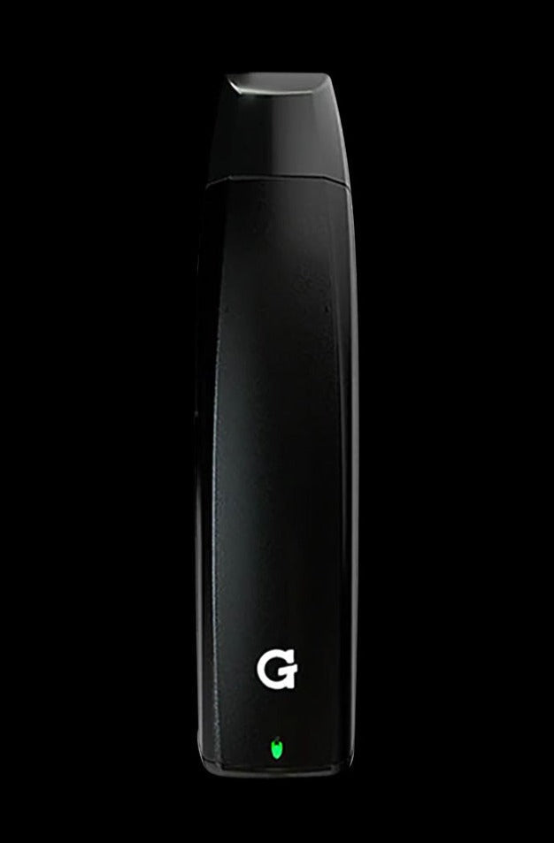 Front view of the G-Pen Elite II Herb Vaporizer, a sleek, black handheld device with a minimalist design.
