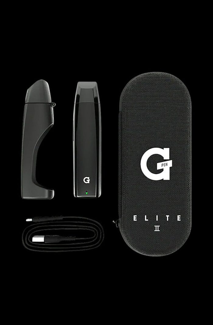 A front view of the G-Pen Elite II Herb Vaporizer, shown in a sleek, dark design against a plain black background.