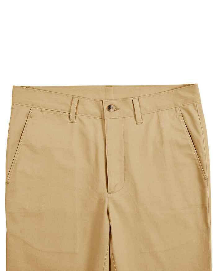 Front view of custom Genoa Chino pants for men by Luxire in golden corn
