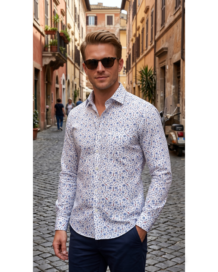 Getzner Navy & Red Print on White Shirt