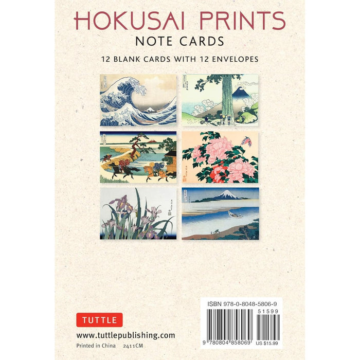 Packaging of Hokusai prints note cards with illustrations on a beige background