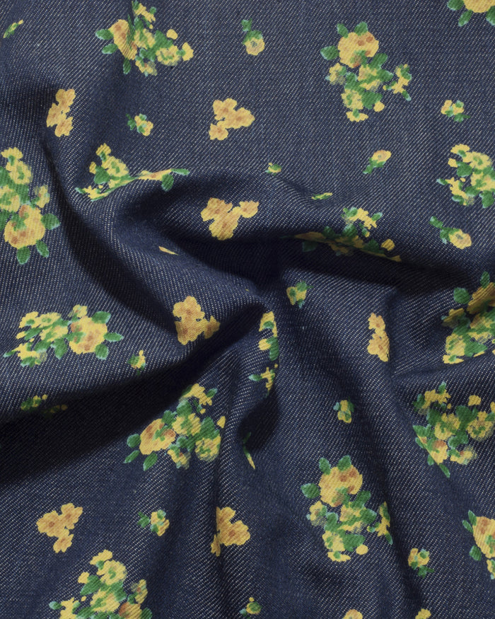 Indigo Denim Printed Green Yellow Flowers