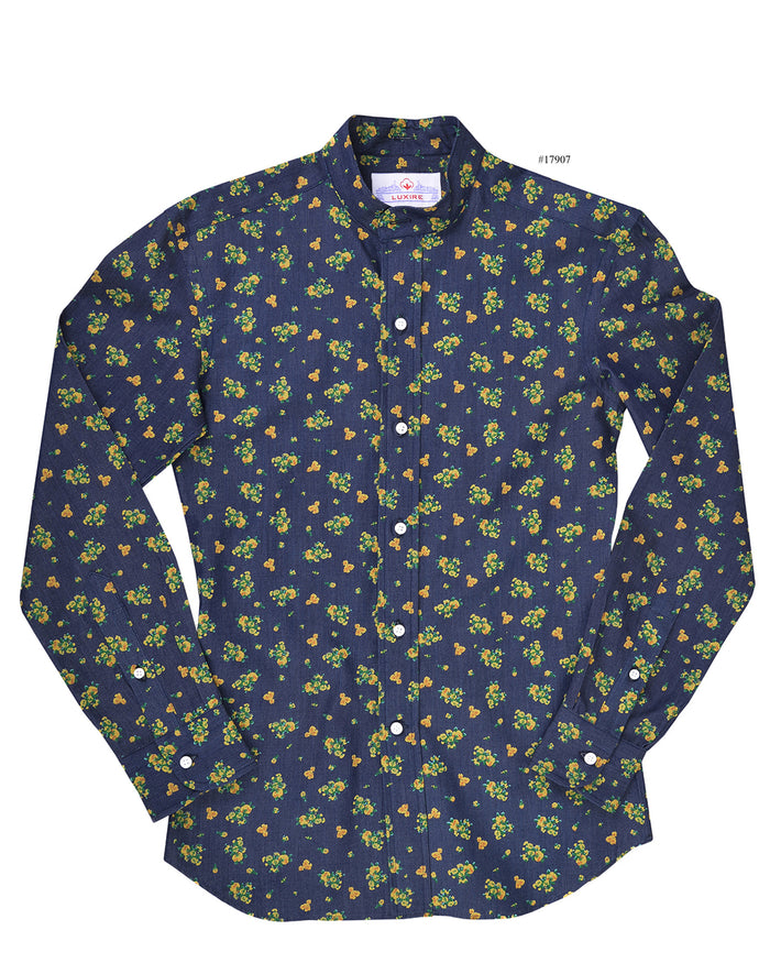 Indigo Denim Printed Green Yellow Flowers