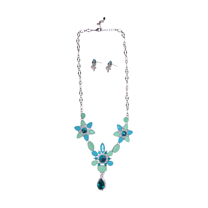 Juego de Collar Y Aretes Azul/ Menta Flores