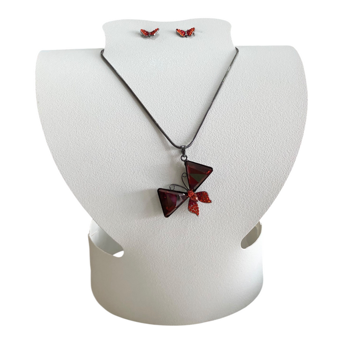 Juego De Cristal Checo Collar Y Aretes Mariposa Color Rojo