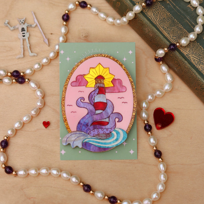 Lighthouse and Kraken Acrylic Brooch