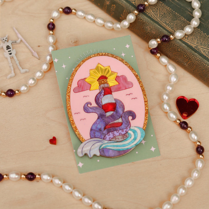 Lighthouse and Kraken Acrylic Brooch