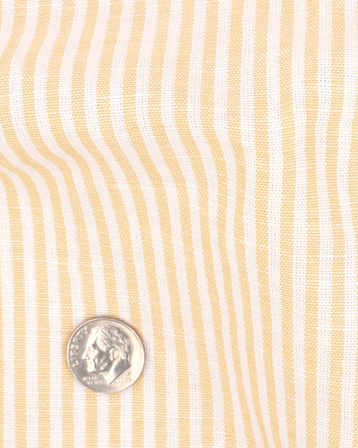 Close up of the custom linen shirt for men in yellow candystripes by Luxire Clothing 2