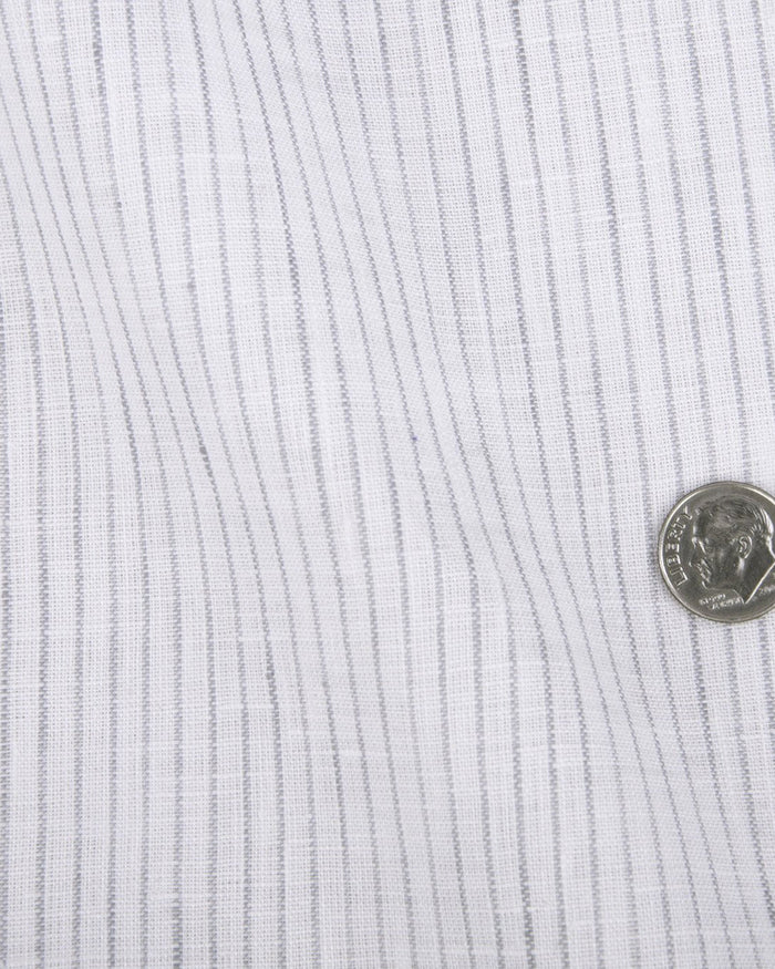 Close up of the custom linen shirt for men in grey pinstripes by Luxire Clothing