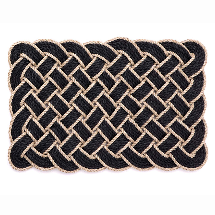 Lovers Knot black outdoor mat- featuring a rope design.