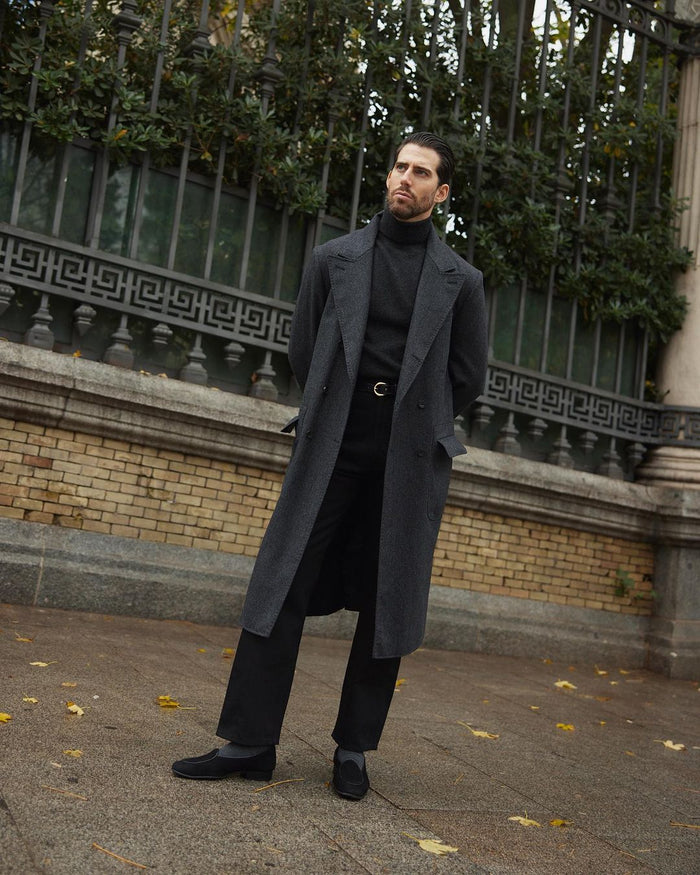 Model wearing mens selvedge jeans by Luxire in black 4