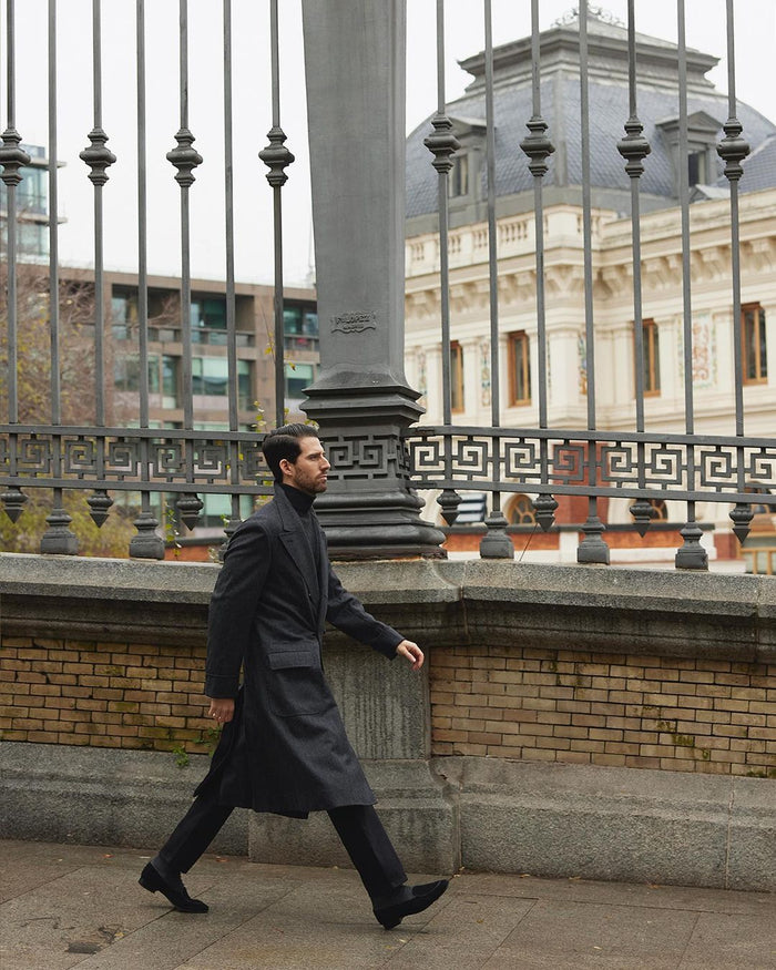 Model wearing mens selvedge jeans by Luxire in black 6