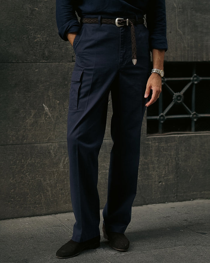 Navy Cotton Twill High Rise Cargo Pant