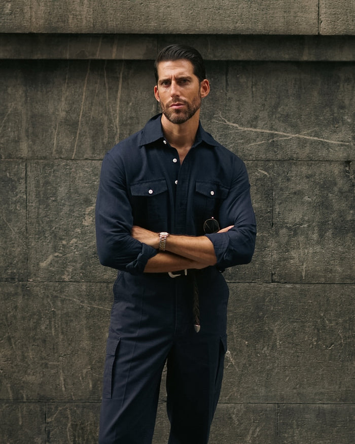 Navy Cotton Twill High Rise Cargo Pant