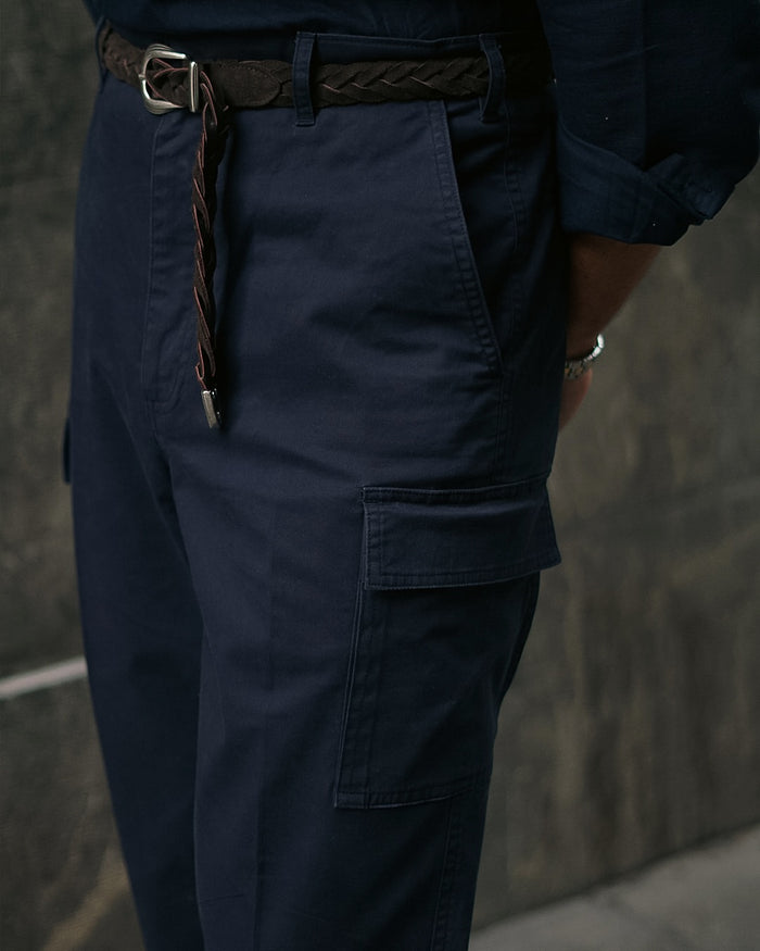 Navy Cotton Twill High Rise Cargo Pant